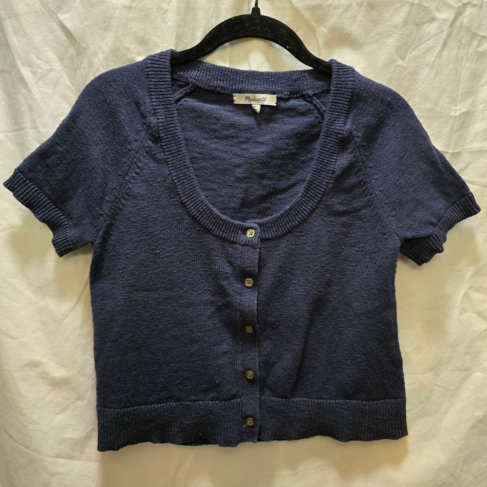 Madewell XXS Linden Navy Blue Short Sleeve Button Up Cardigan Sweater Top